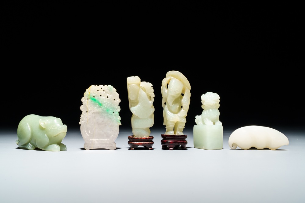 Six Chinese white and celadon jade carvings, 19/20th C.
