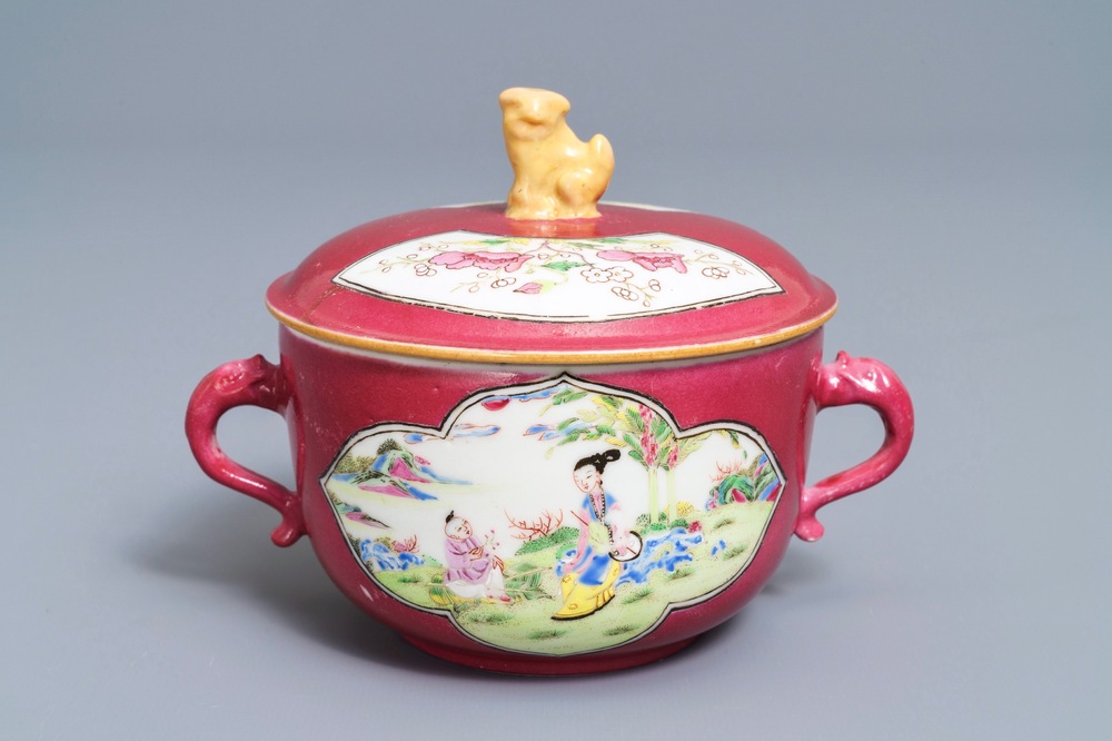 A Chinese famille rose ruby-ground two-handled bowl and cover, Yongzheng
