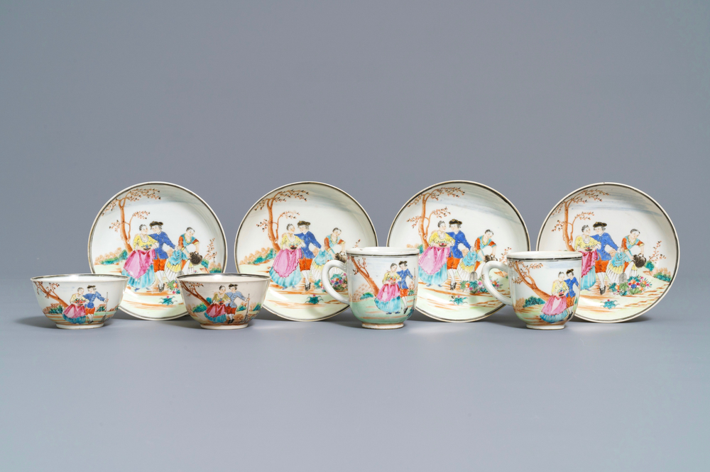 Four fine Chinese famille rose 'European subject' cups and saucers, Qianlong