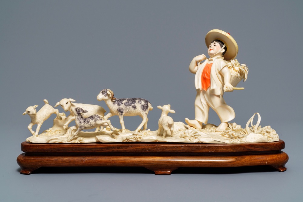 A polychrome Chinese ivory group with a shepherd, ca. 1940