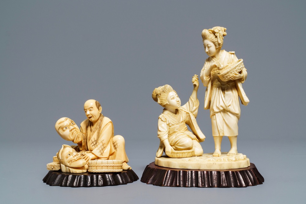 Two signed Japanese ivory okimono, Meiji, 19th C.