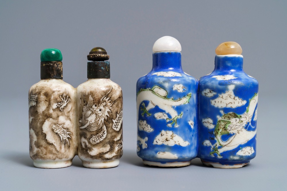 Deux tabati&egrave;res doubles en porcelaine de Chine &agrave; d&eacute;cor de dragons, 19&egrave;me