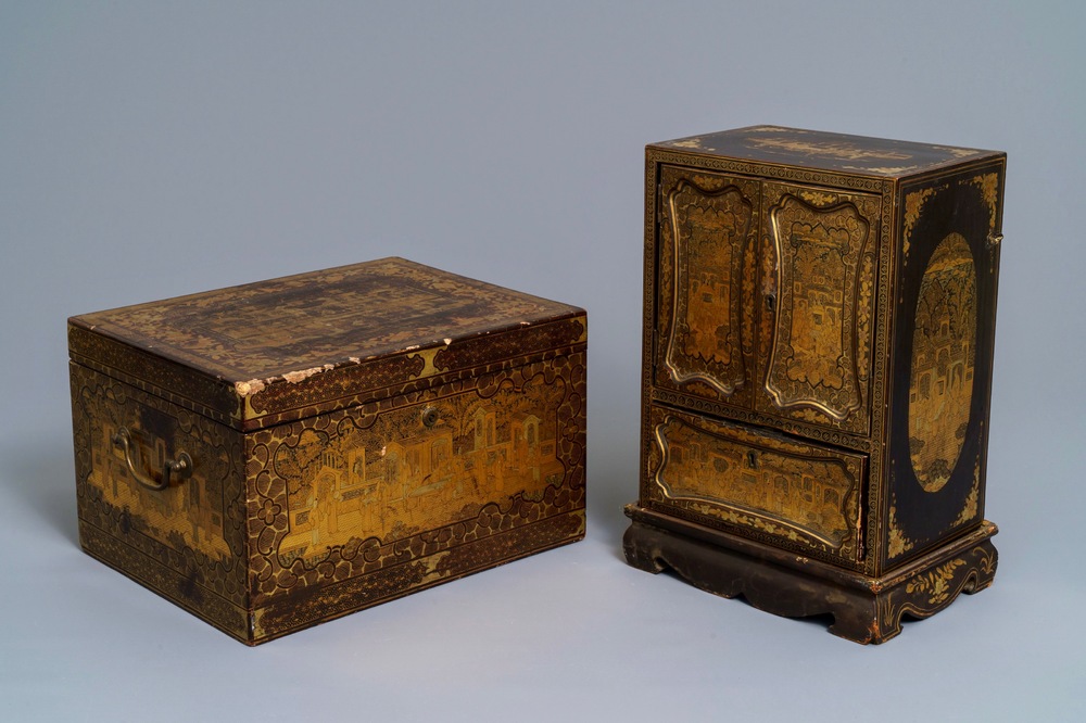 A Chinese gilt-lacquered cabinet and a box, Canton, 19th C.