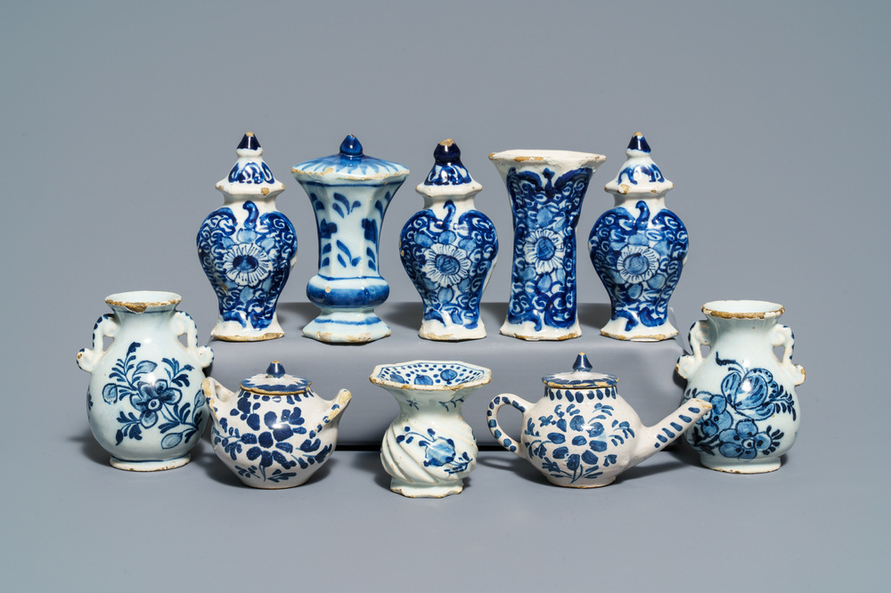 A varied collection of Dutch Delft blue and white miniatures, mostly 18th C.