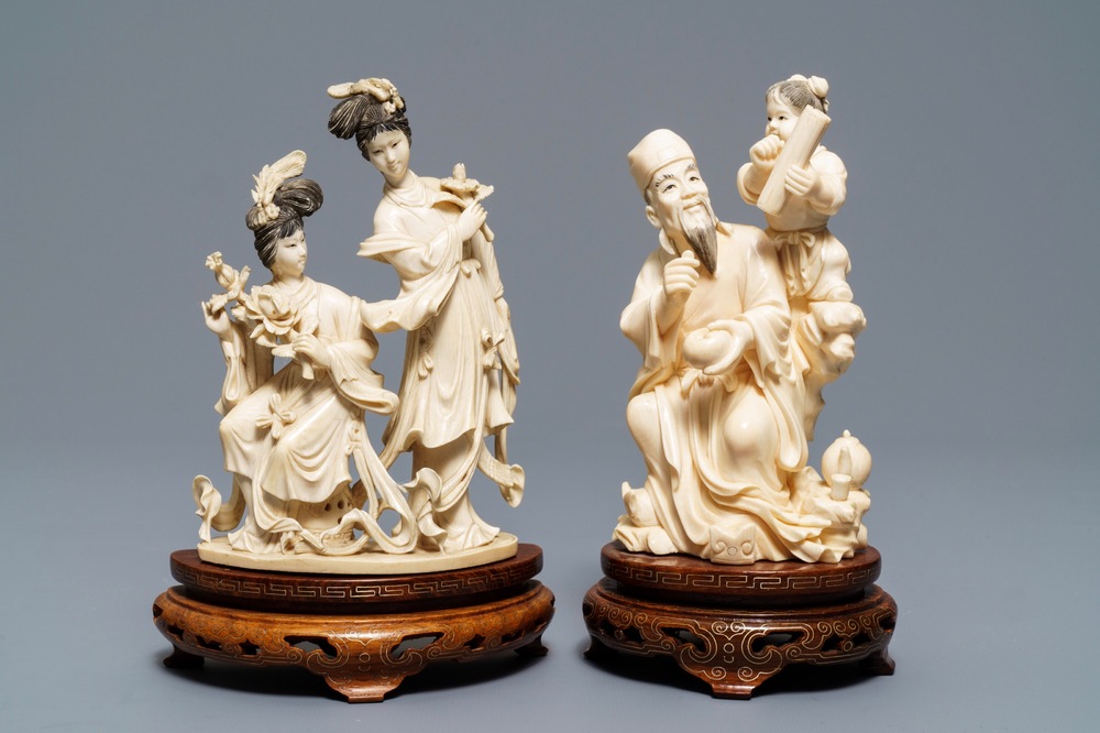 Two Chinese carved ivory groups, ca. 1940