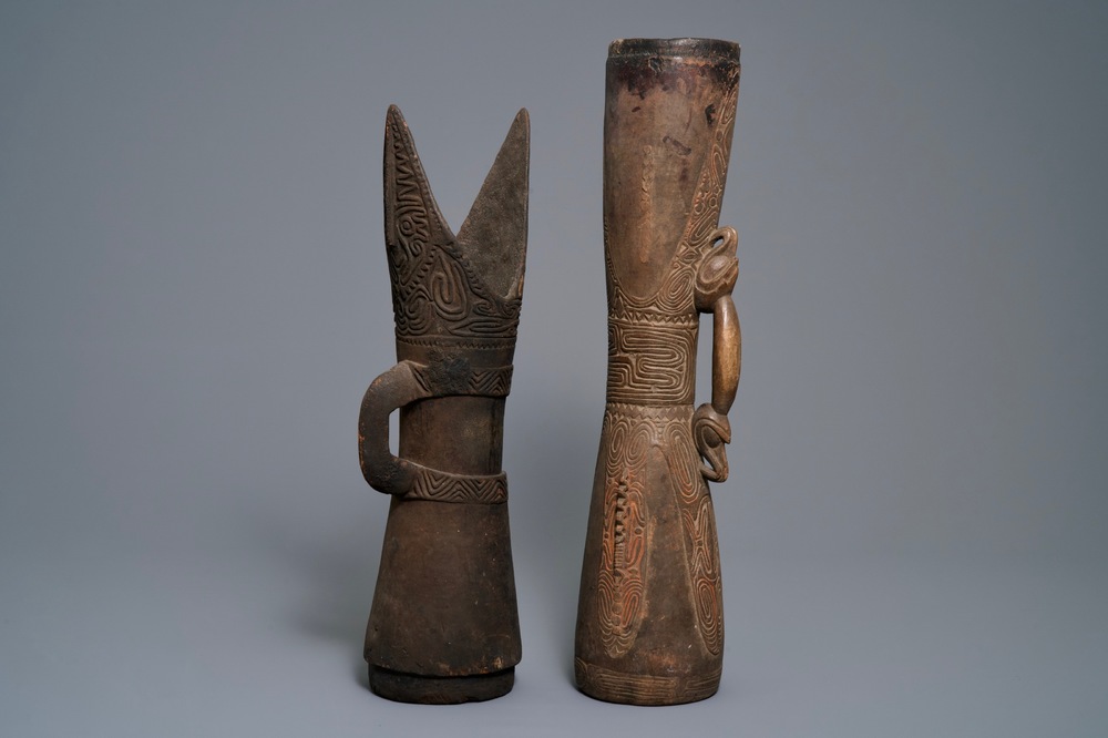 Two wooden drums, Asmat people, Papua New Guinea, 19/20th C.