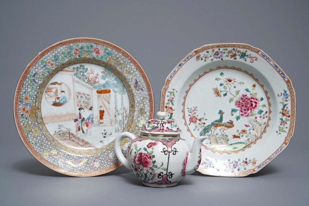 Two fine Chinese famille rose plates and a teapot and cover, Yongzheng/Qianlong