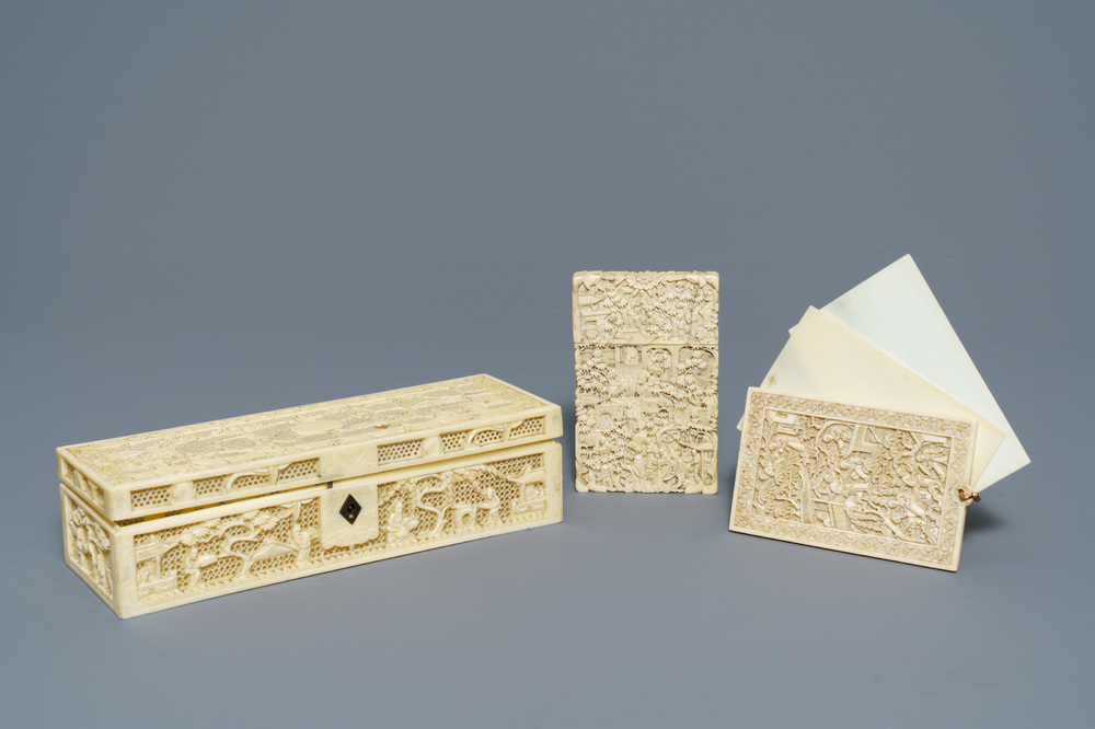 A Chinese carved ivory casket, a cardholder and a notebook, Canton, 19th C.