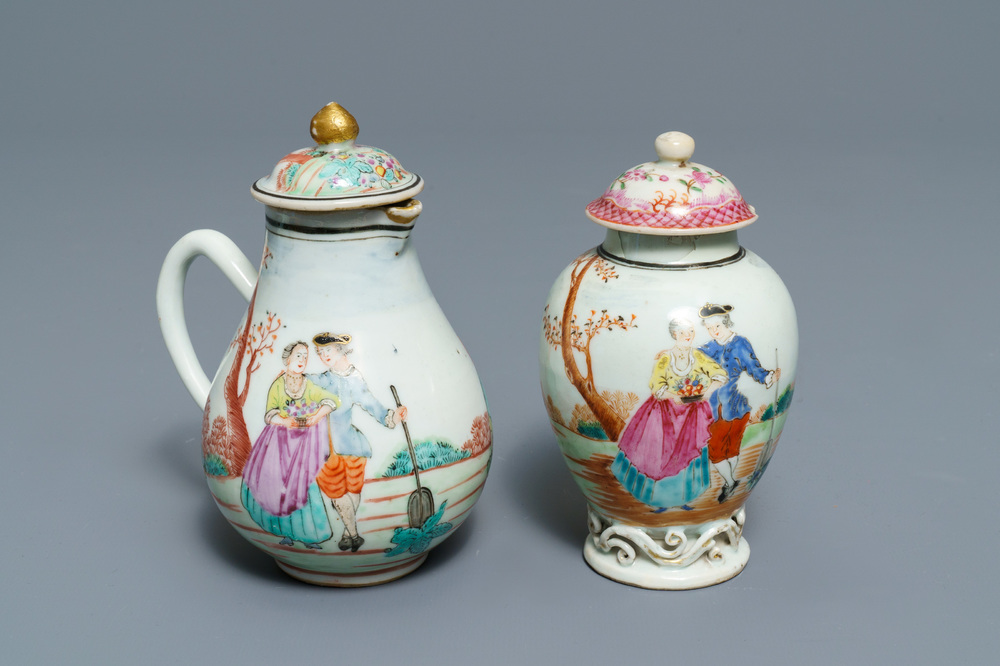 Een fijne Chinese famille rose melkkan en theebus met Europees decor, Qianlong