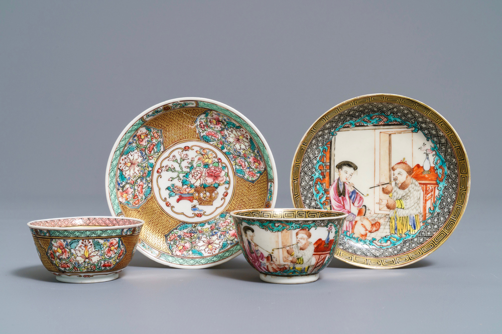 Two fine Chinese famille rose cups and saucers, Yongzheng/Qianlong