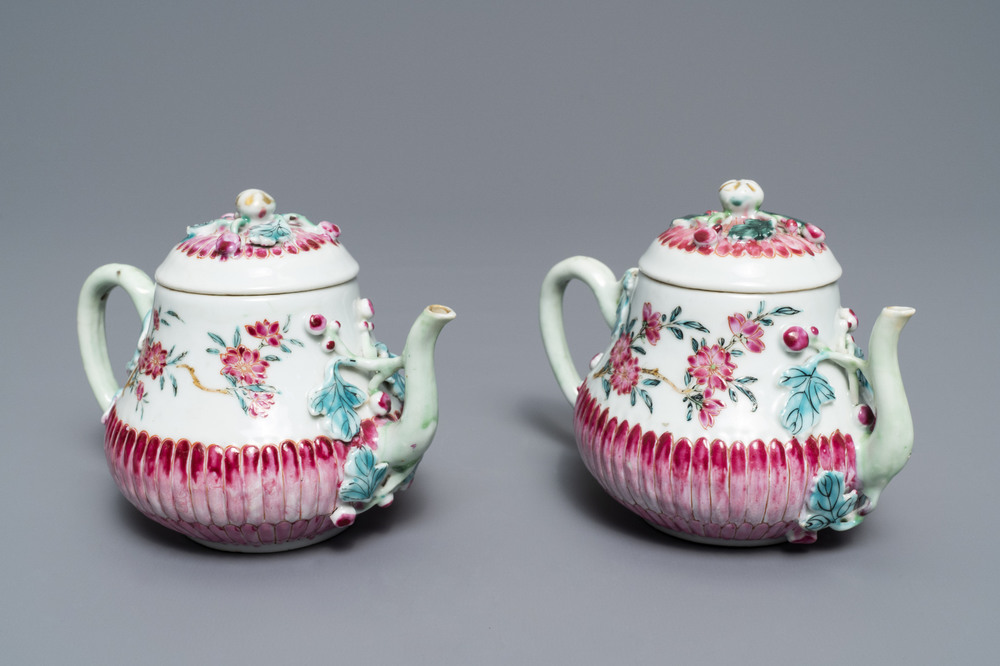 Two Chinese famille rose relief-moulded 'lotus' teapots and covers, Yongzheng
