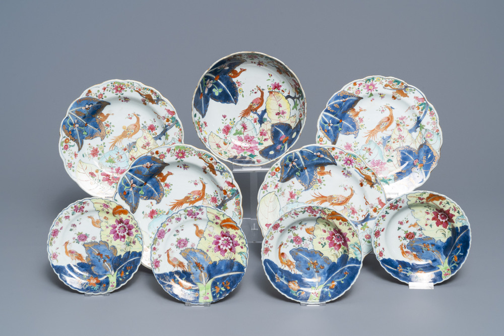 Neuf pi&egrave;ces en porcelaine de Chine famille rose &agrave; d&eacute;cor 'Feuille de tabac', Qianlong