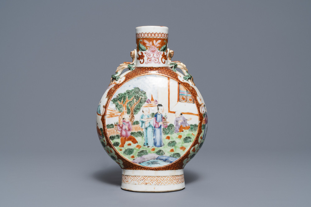 A Chinese famille rose 'mandarin' moonflask vase, Qianlong/Jiaqing