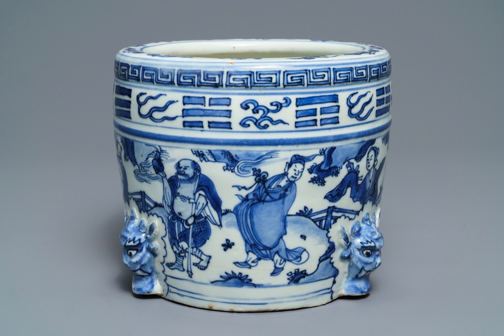 A large Chinese blue and white '8 immortals' censer, Wanli
