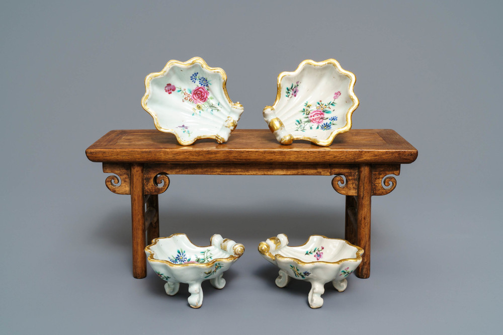 Four Chinese famille rose rocaille-shaped tripod salts, Qianlong