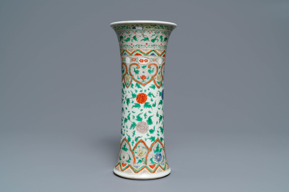 A Chinese famille verte beaker vase, 'gu', Kangxi