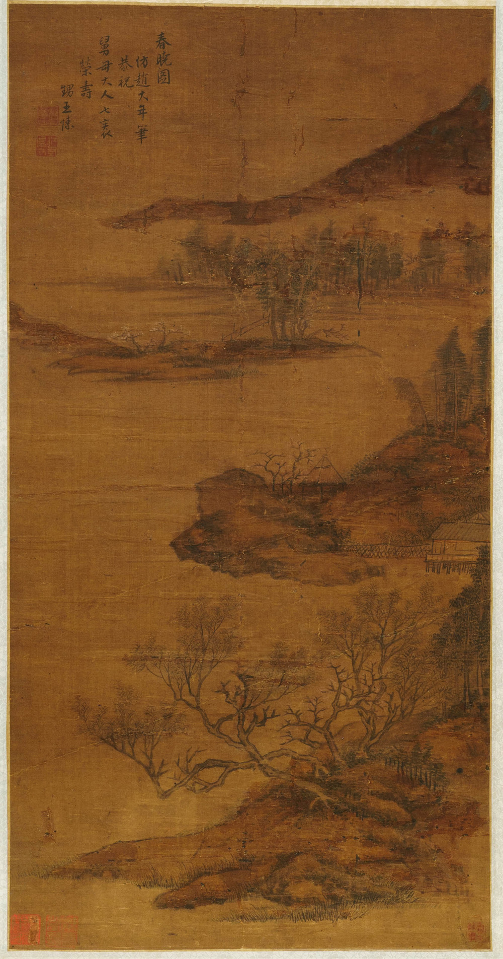 Ecole chinoise, sign&eacute; Wang Song, d'apr&egrave;s Zhao Danian, encre et couleurs sur soie, Qing: 'Un matin en printemps'