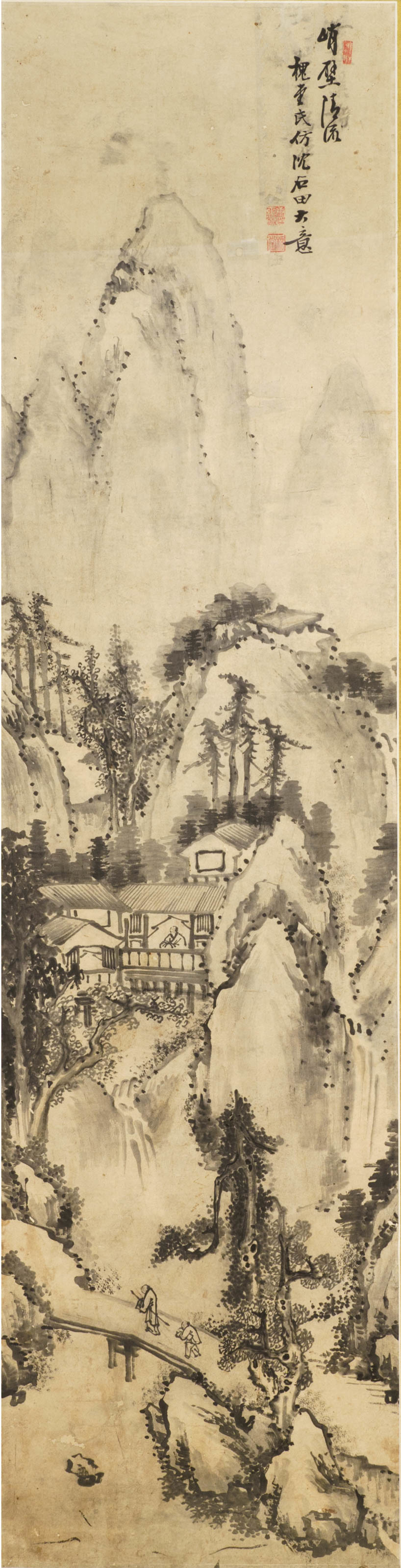 Chinese school, signed Chen Shizeng (Chen Hengke)(1876-1923), ink on paper: 'Mountain landscape after Shen Zhou'