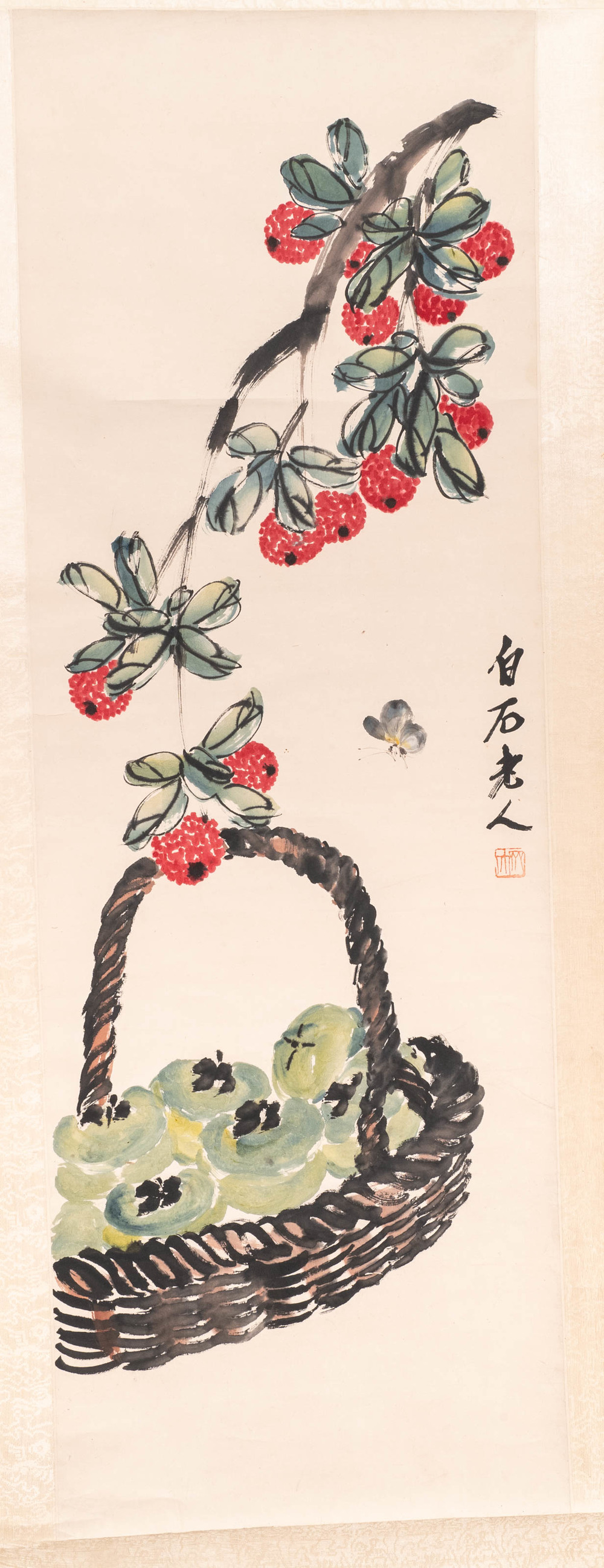 Chinese school, ink and watercolour on paper, 20th C.: 'Lychees and a fruit basket'