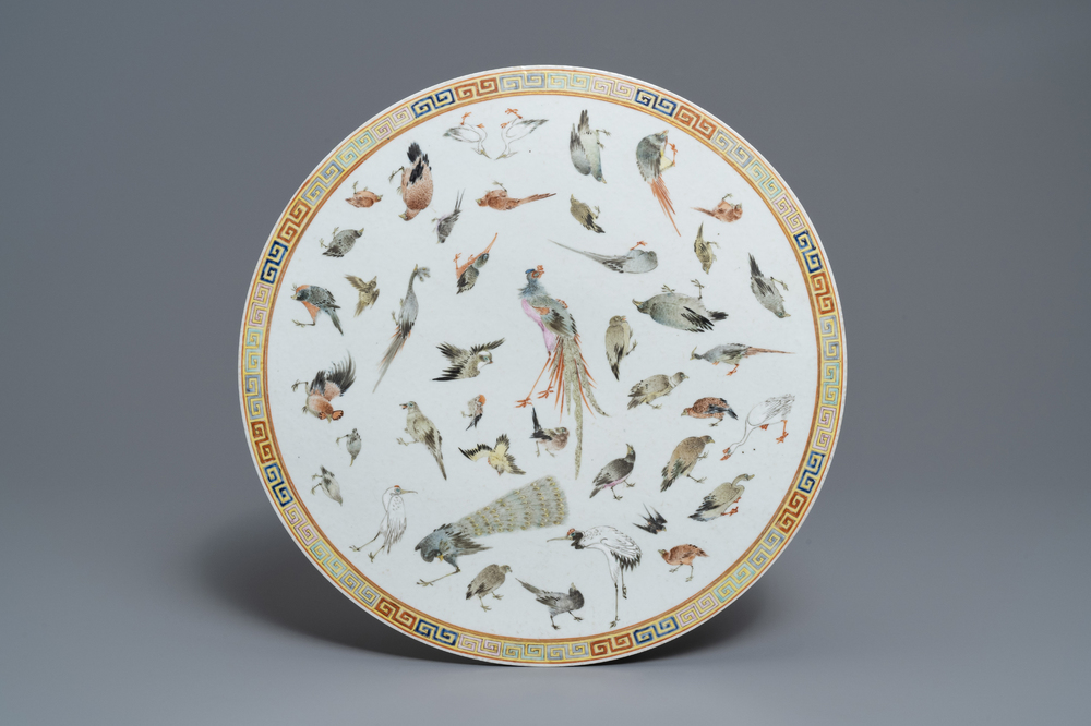 A round Chinese famille rose 'birds' plaque, 19th C.