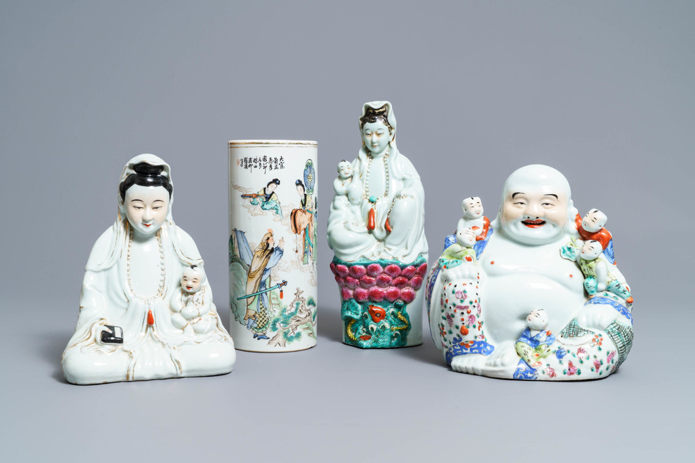Three Chinese famille rose figures and a qianjiang cai hat stand, 19/20th C.