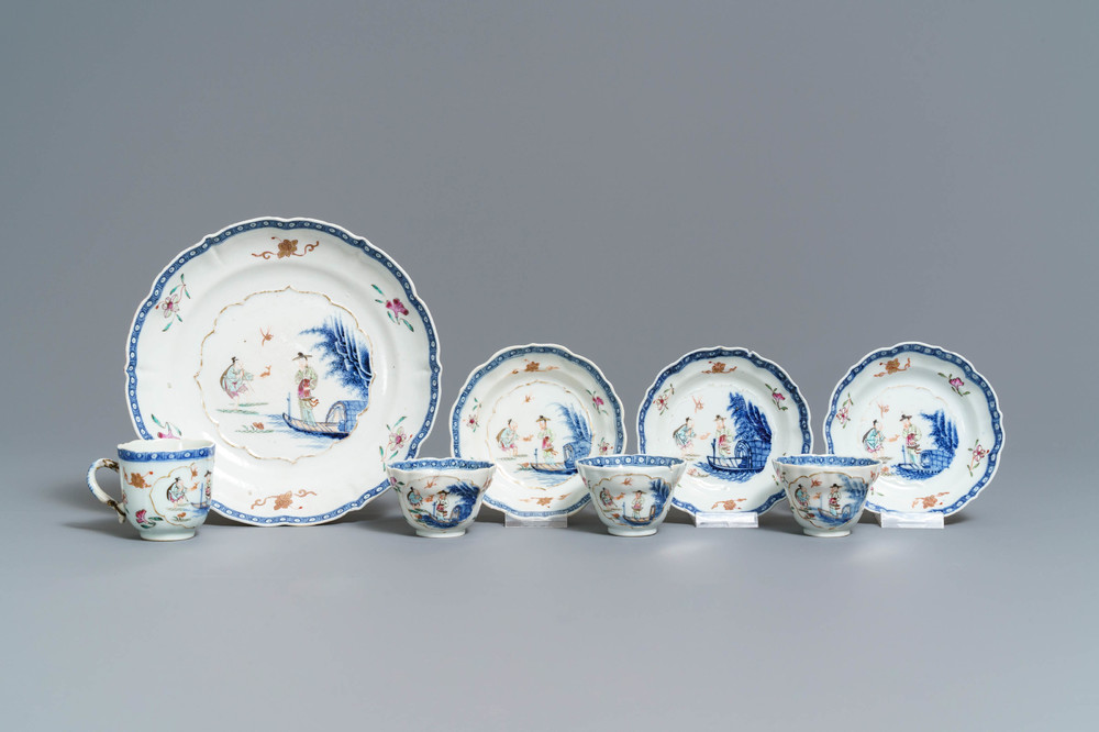 Vier Chinese famille rose koppen, drie schotels en een bord, Qianlong