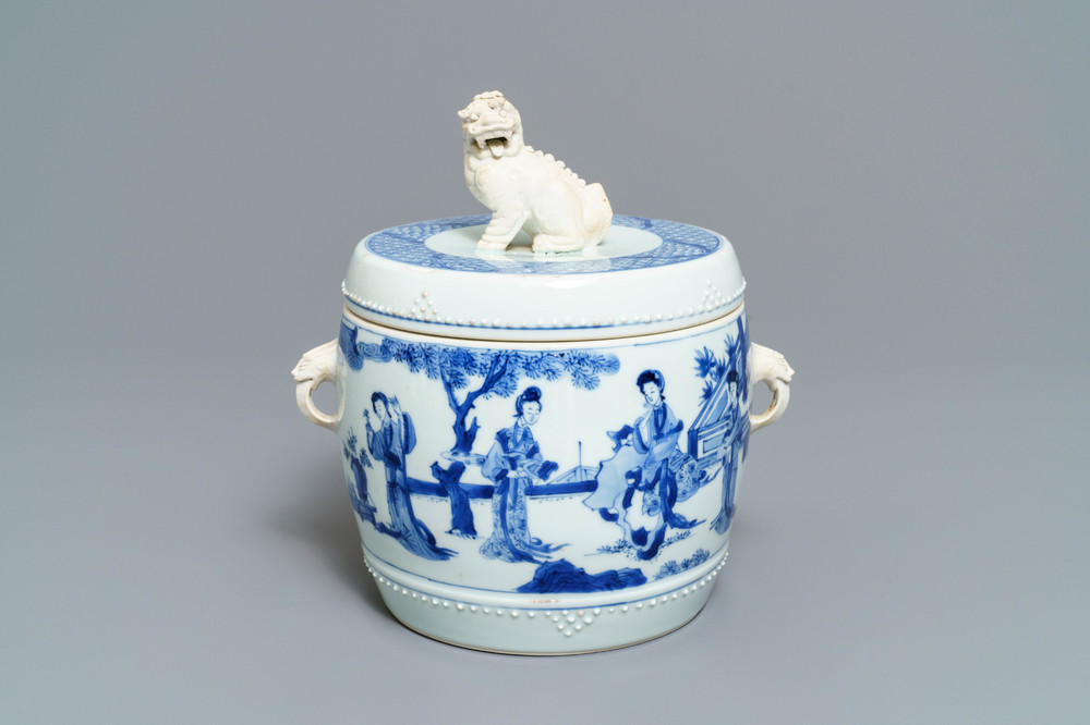 A Chinese blue and white covered bowl with ladies in a garden, Kangxi