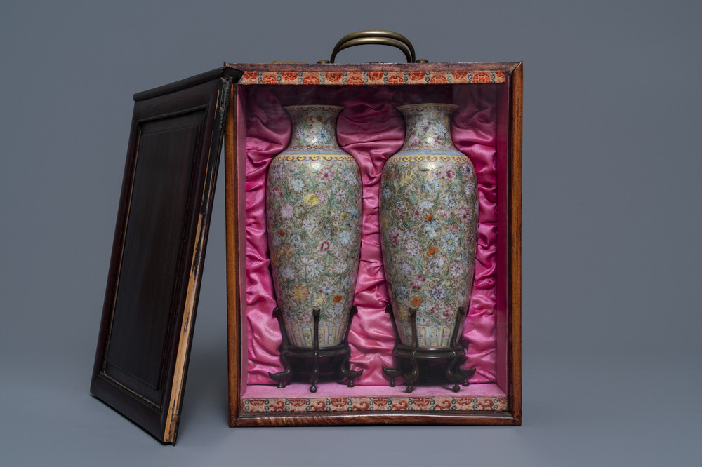 A pair of Chinese famille rose 'millefleurs' eggshell vases, Qianlong mark, Republic, 20th C.