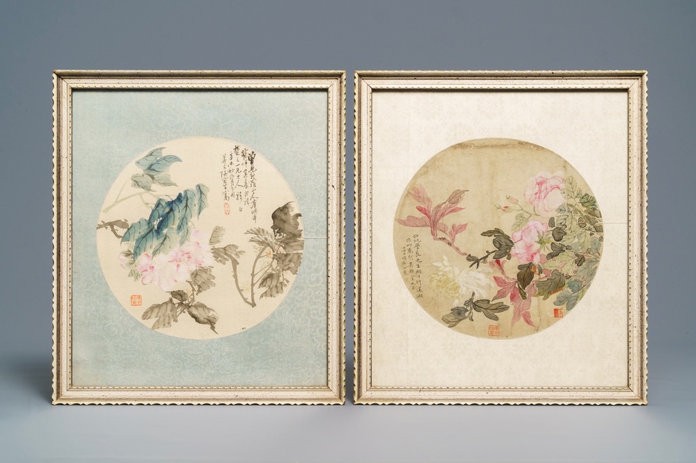 Chinese school, 18/19th C., watercolour and ink on silk: two floral fan leaves