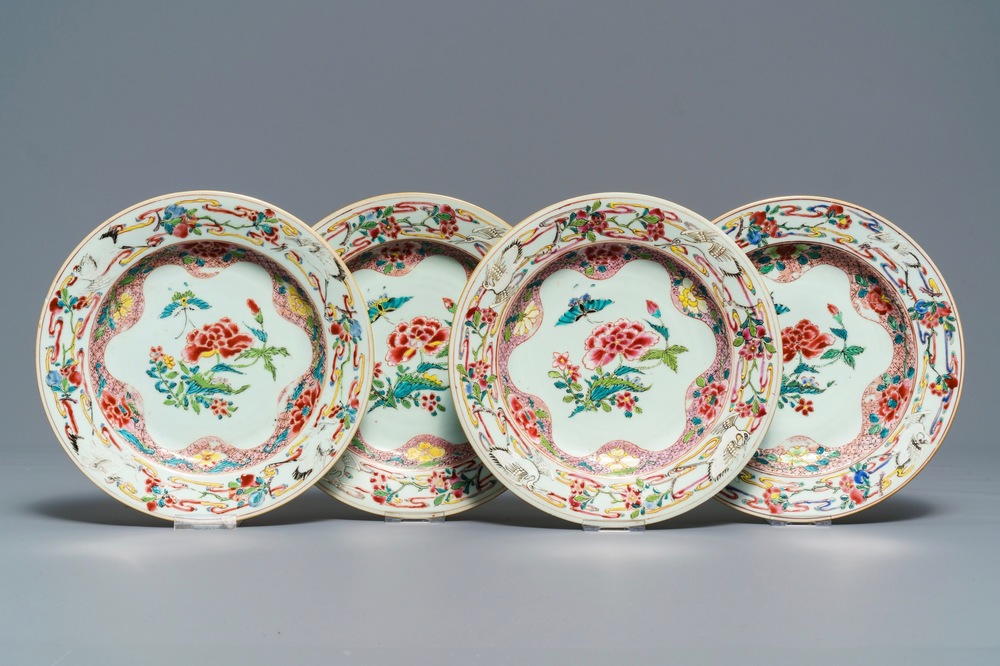 Four Chinese famille rose 'peonies and cranes' plates, Qianlong