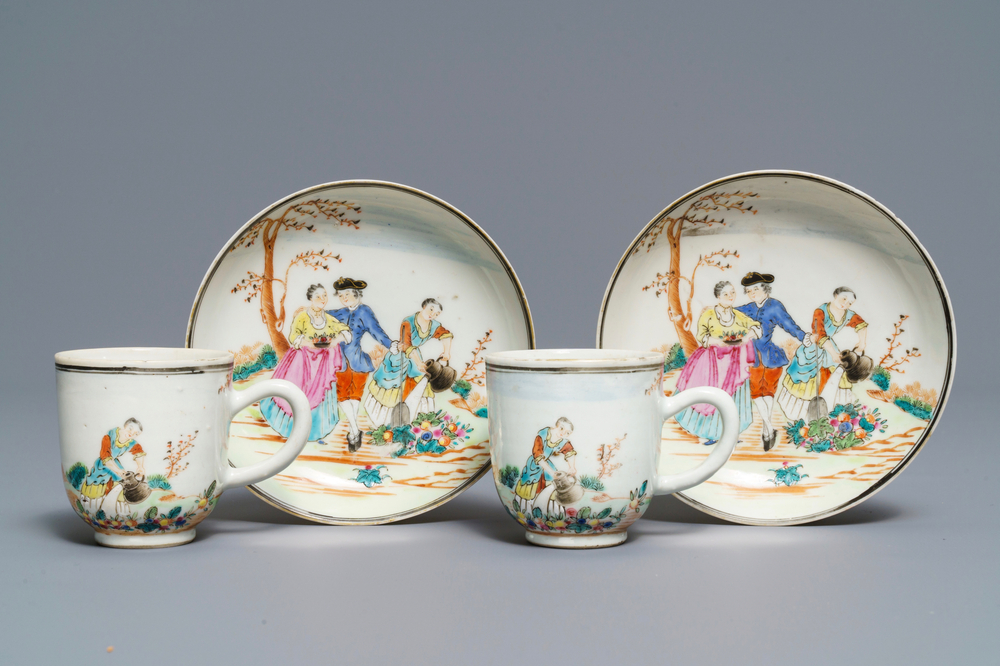 A pair of fine Chinese famille rose 'European subject' cups and saucers, Qianlong
