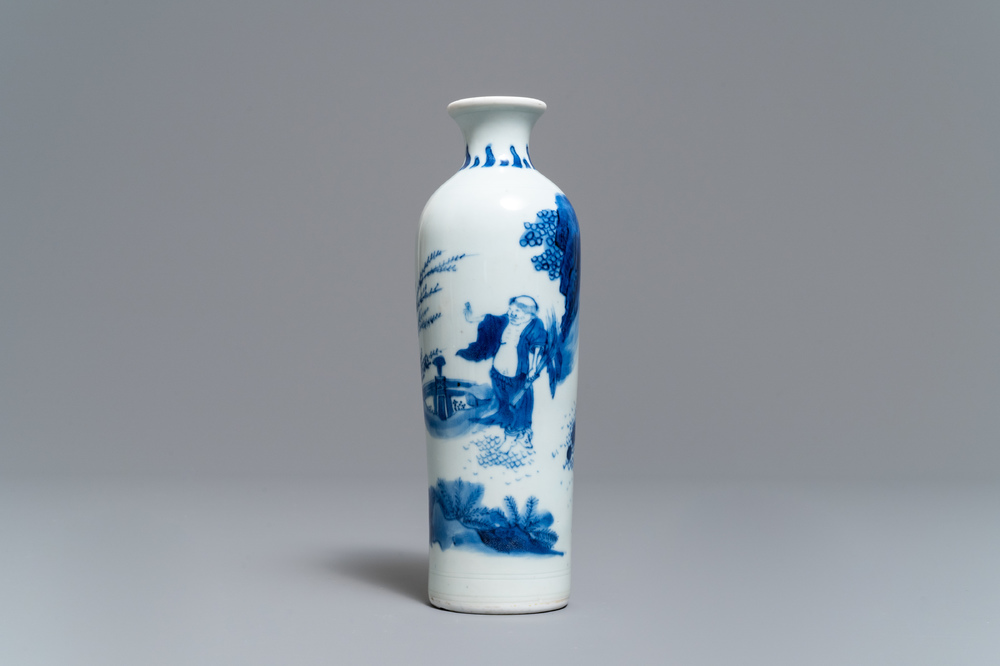 A Chinese blue and white rouleau vase with a figure in a landscape, Transitional period
