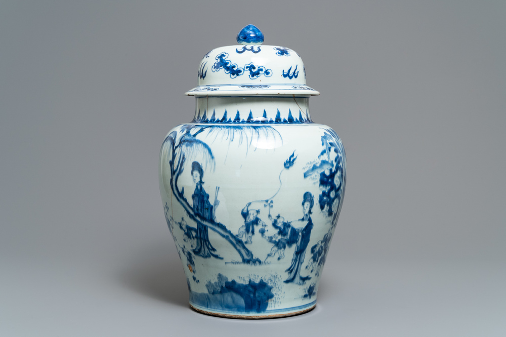 A Chinese blue and white vase with figures in a garden, Kangxi