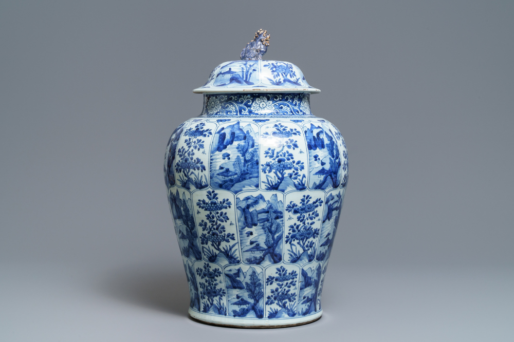A large Chinese blue and white 'landscape' vase and cover, Kangxi