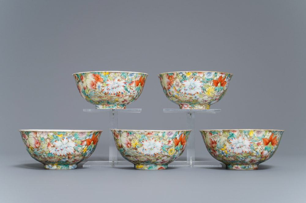 Five Chinese famille rose 'millefleurs' bowls, Qianlong mark, Republic, 20th C.