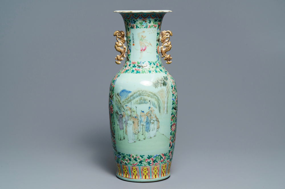 Een Chinese qianjiang cai en famille rose celadon vaas, 19e eeuw