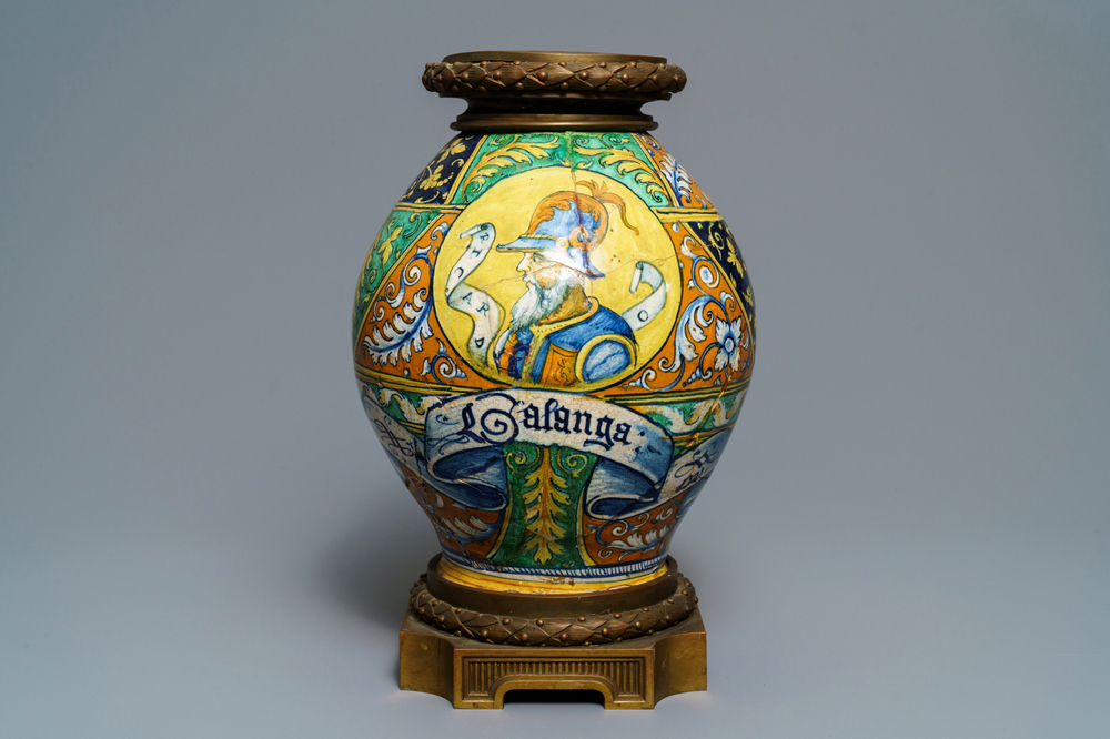 A bronze-mounted Italian maiolica pharmacy jar with a fine portrait, Faenza, 16th C.