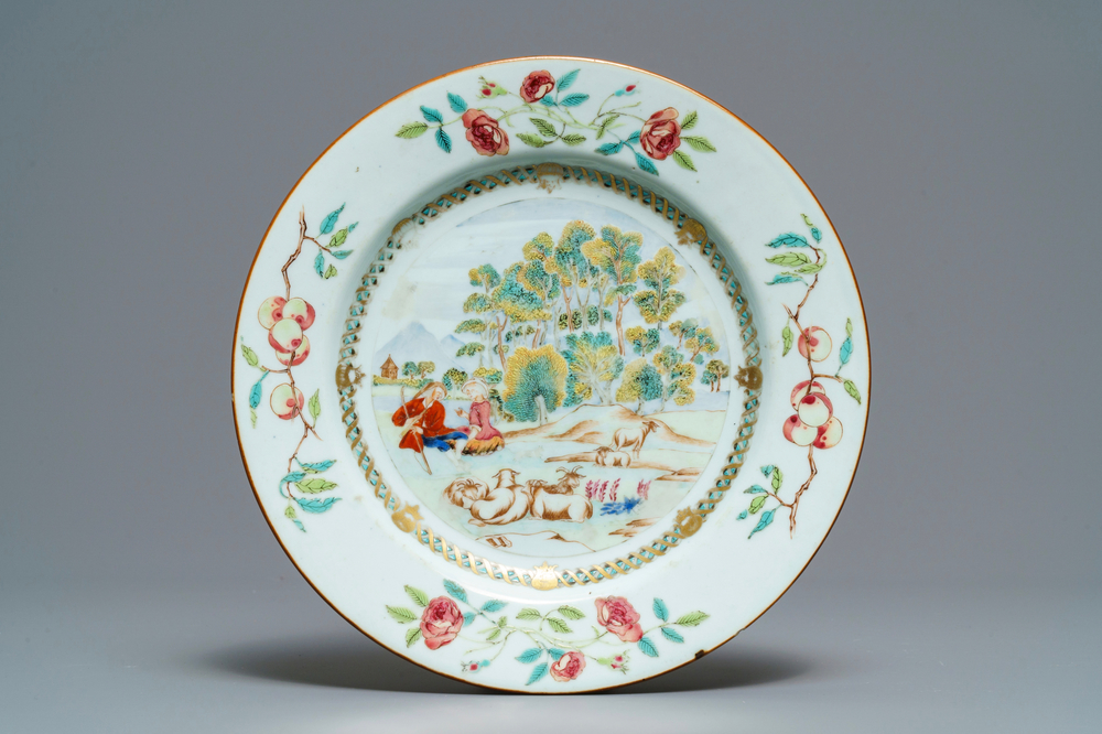 A Chinese famille rose 'shepherds' plate, Qianlong