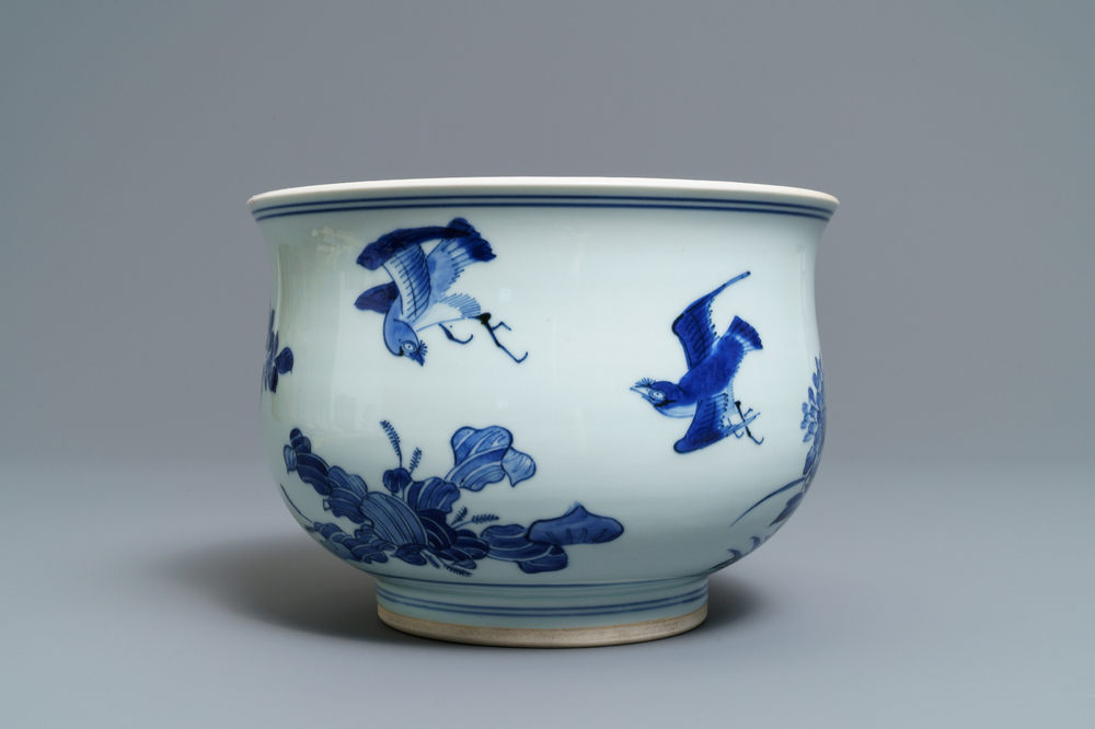 A large Chinese blue and white censer with birds among blossoms, Transitional period