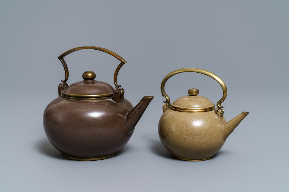 Two Chinese Bencharong Thai market polished Yixing stoneware teapots, 19th C.