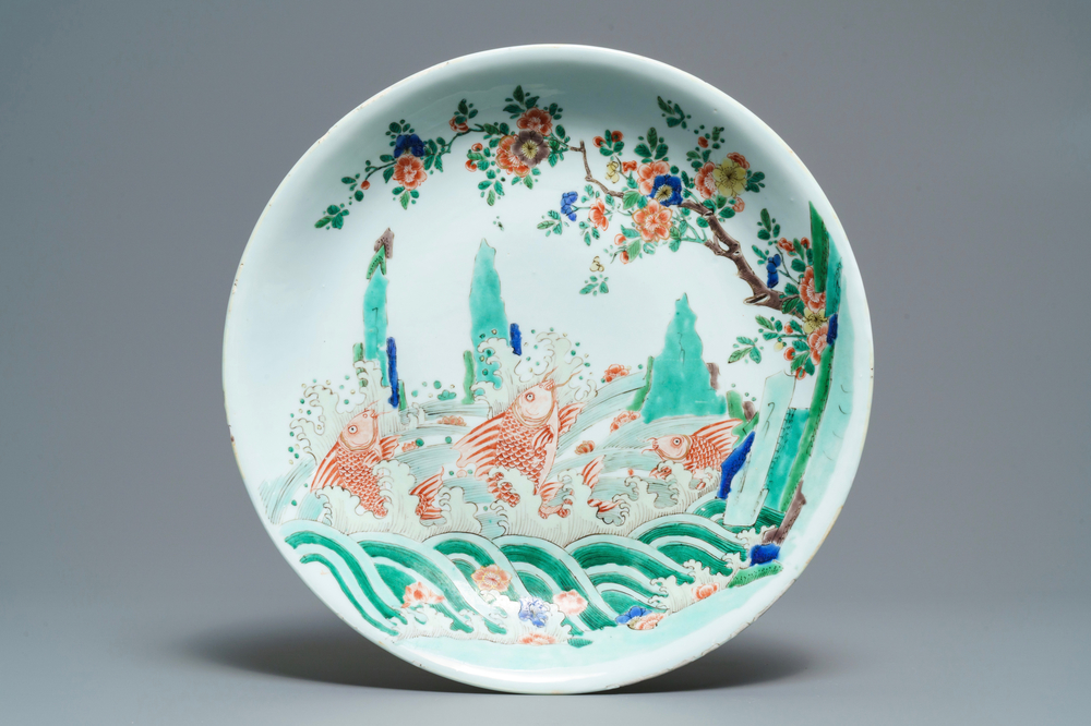 A Chinese famille verte 'carps' charger, Kangxi