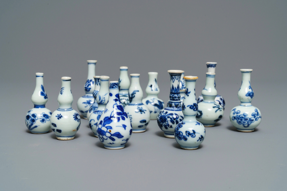 Fifteen Chinese blue and white miniature vases, Kangxi