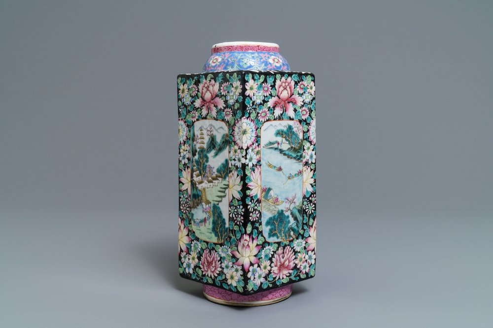 A Chinese famille rose millefleurs 'cong' vase, Qianlong mark, Republic, 20th C.