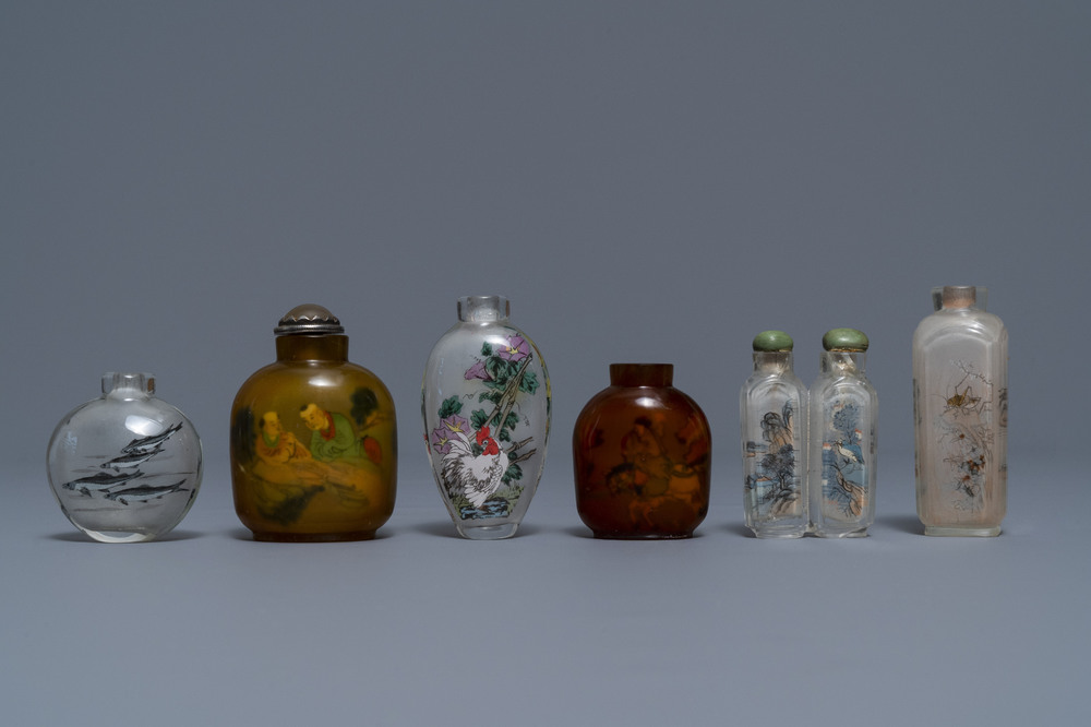 Six Chinese reverse-painted glass snuff bottles, 19/20th C.