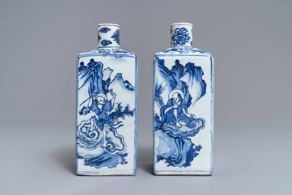 A pair of square Chinese blue and white 'immortals' tea caddies, Wanli