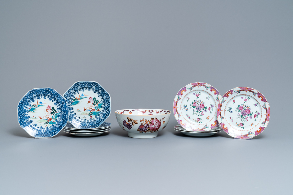 Ten Chinese famille rose plates and a bowl, Qianlong