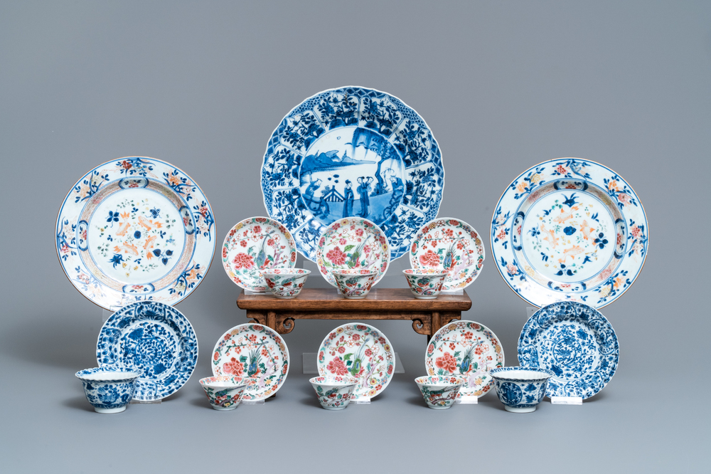 Eight Chinese blue and white and famille rose cups and saucers and three plates, Kangxi/Qianlong