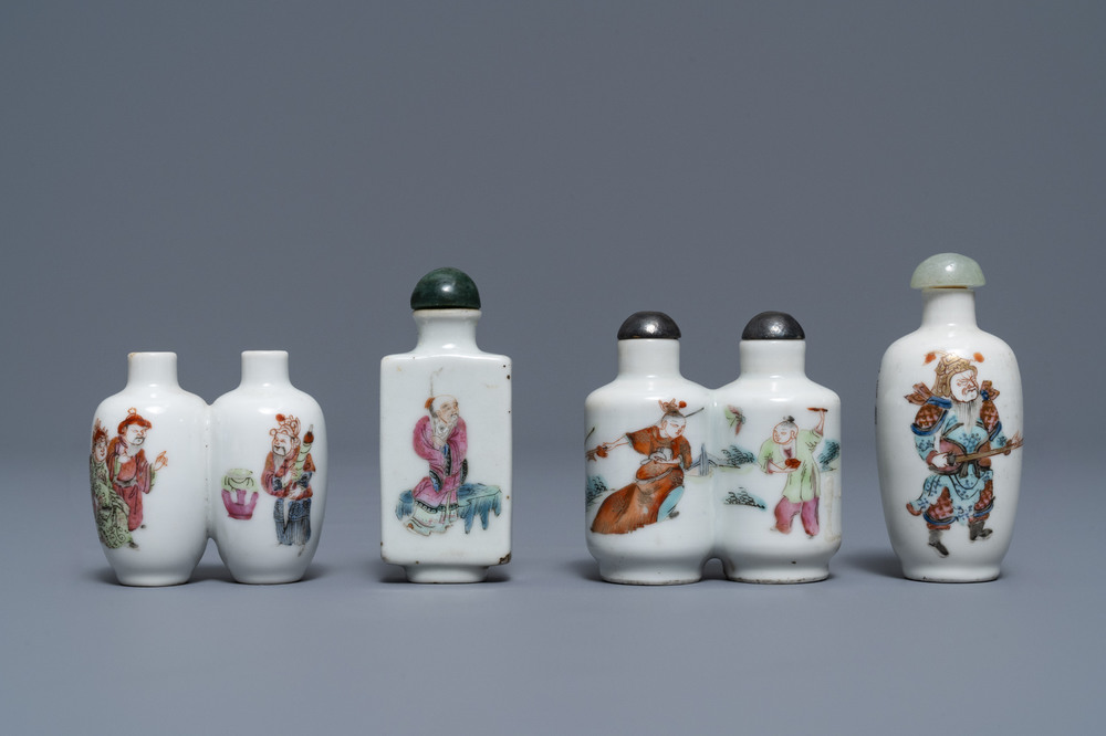 Four Chinese famille rose porcelain snuff bottles, 19th C.