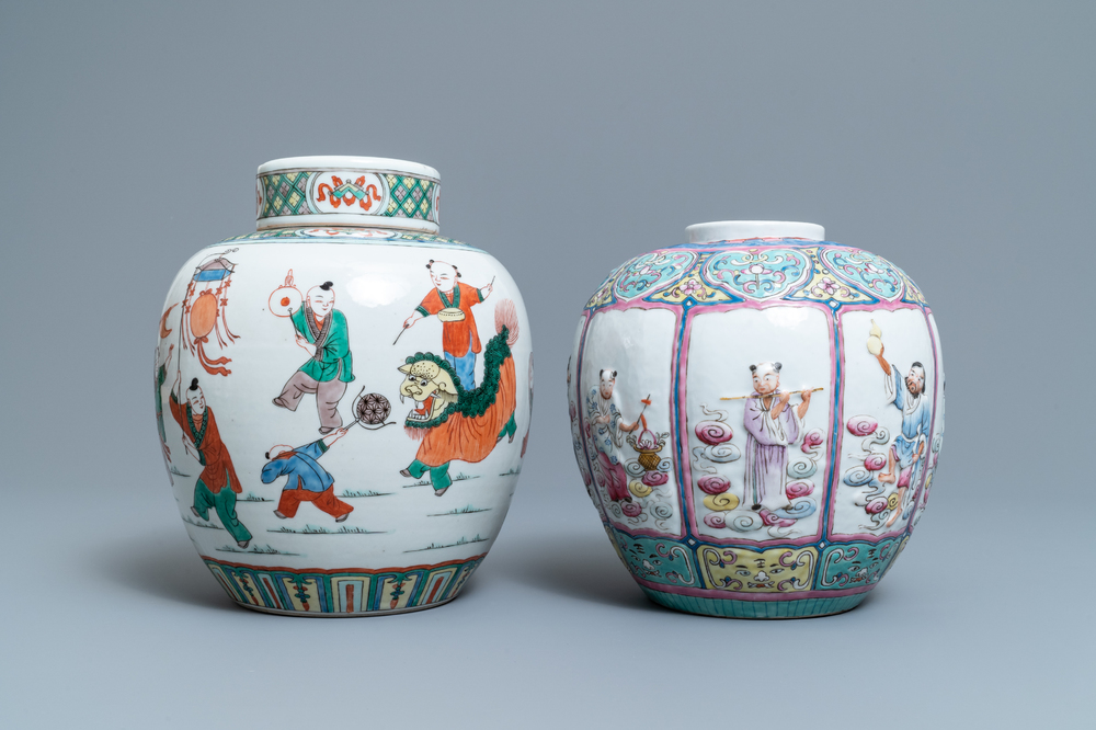 A Chinese famille rose relief-decorated jar and a famille verte jar with cover, 19th C.