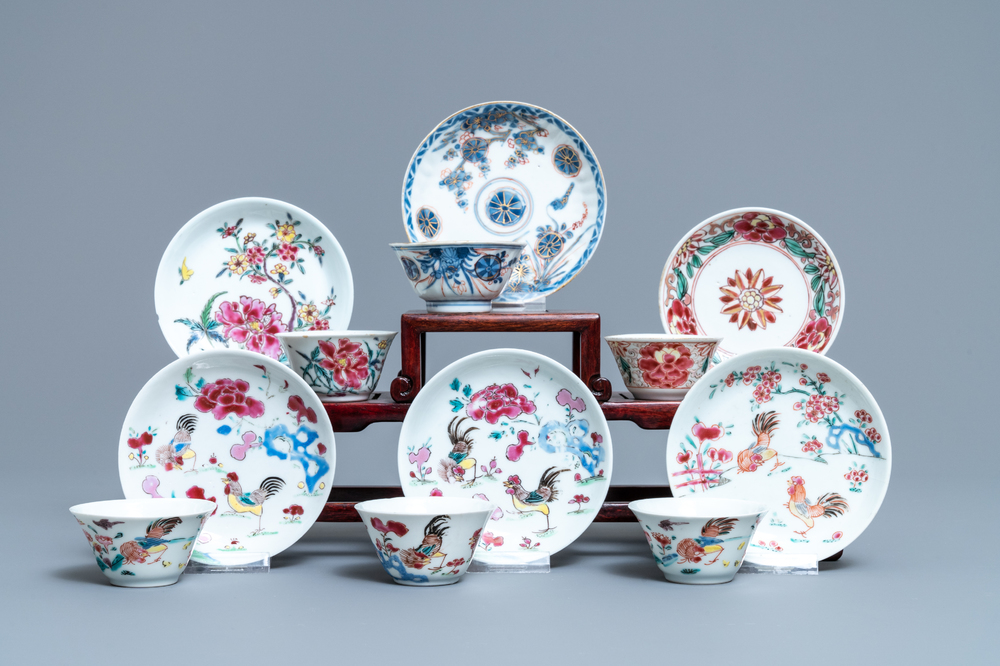 Six Chinese famille rose and Imari-style cups and saucers, Yongzheng/Qianlong
